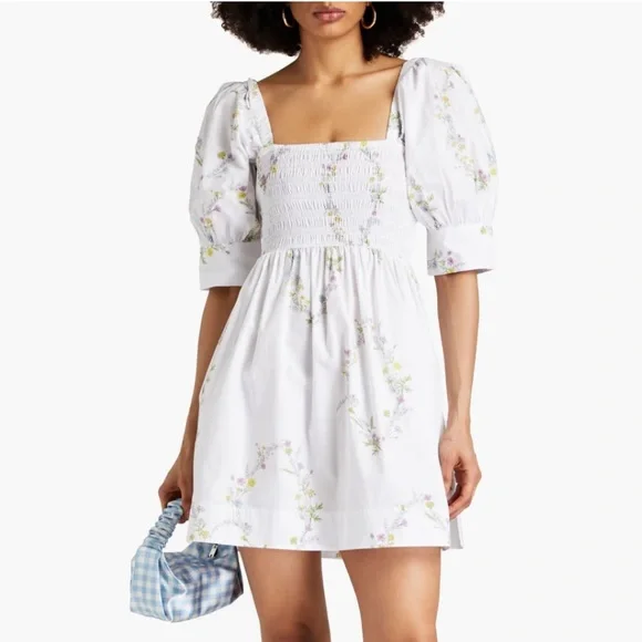 white christmas dresses PRINTED COTTON POPLIN U-NECK MINI DRESS